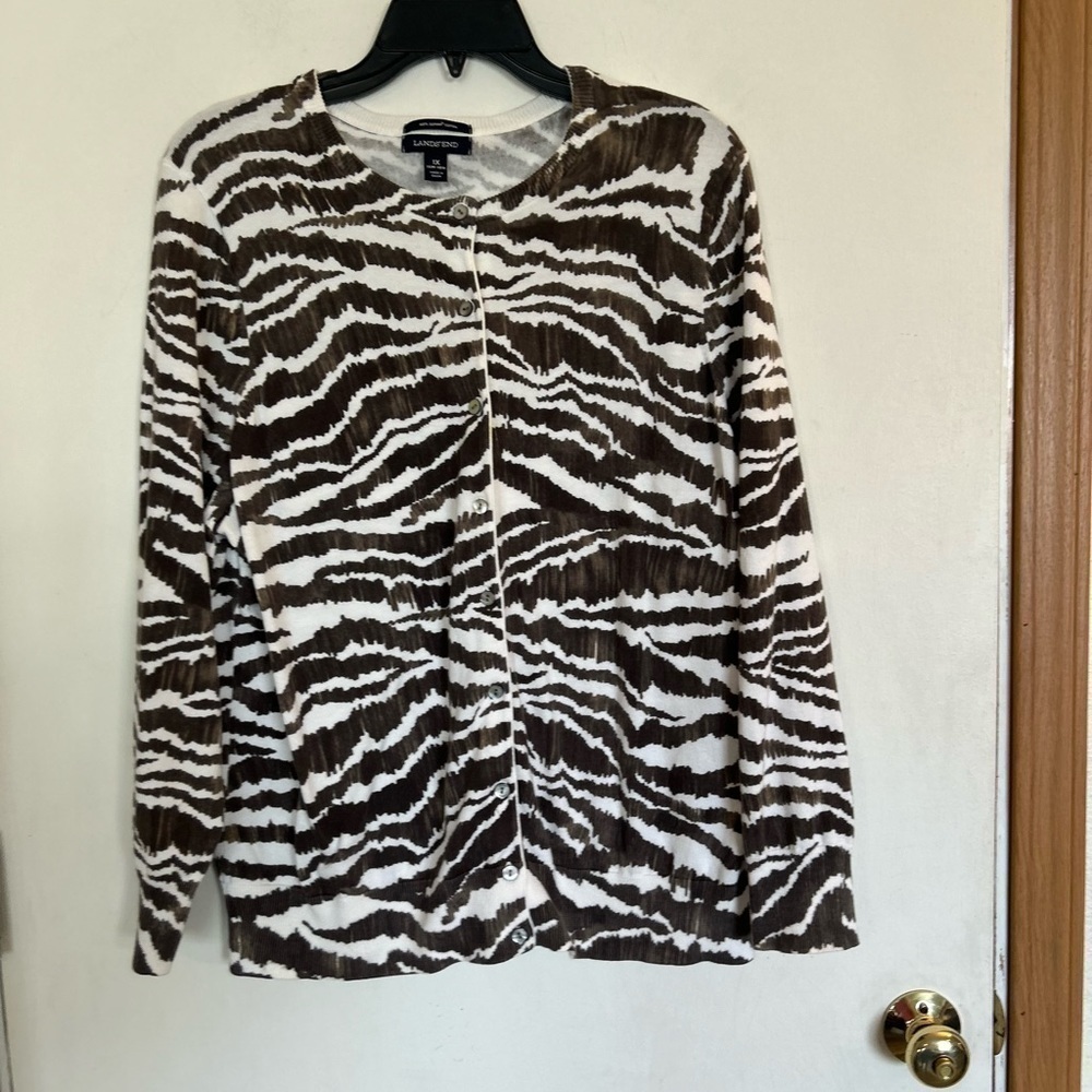 Lands' End Supima Cotton Brown & White Zebra Print Cardigan Women's 1X 16-18